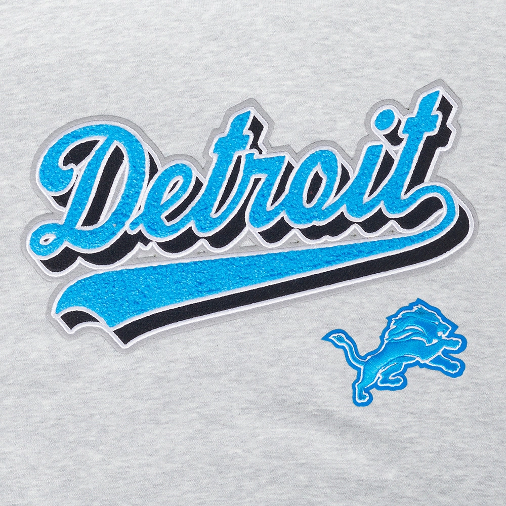NFL DETROIT LIONS SCRIPT TAIL WOMEN'S RIB FLEECE CROPPED PULLOVER HOODIE (HEATHER GRAY/BLACK)