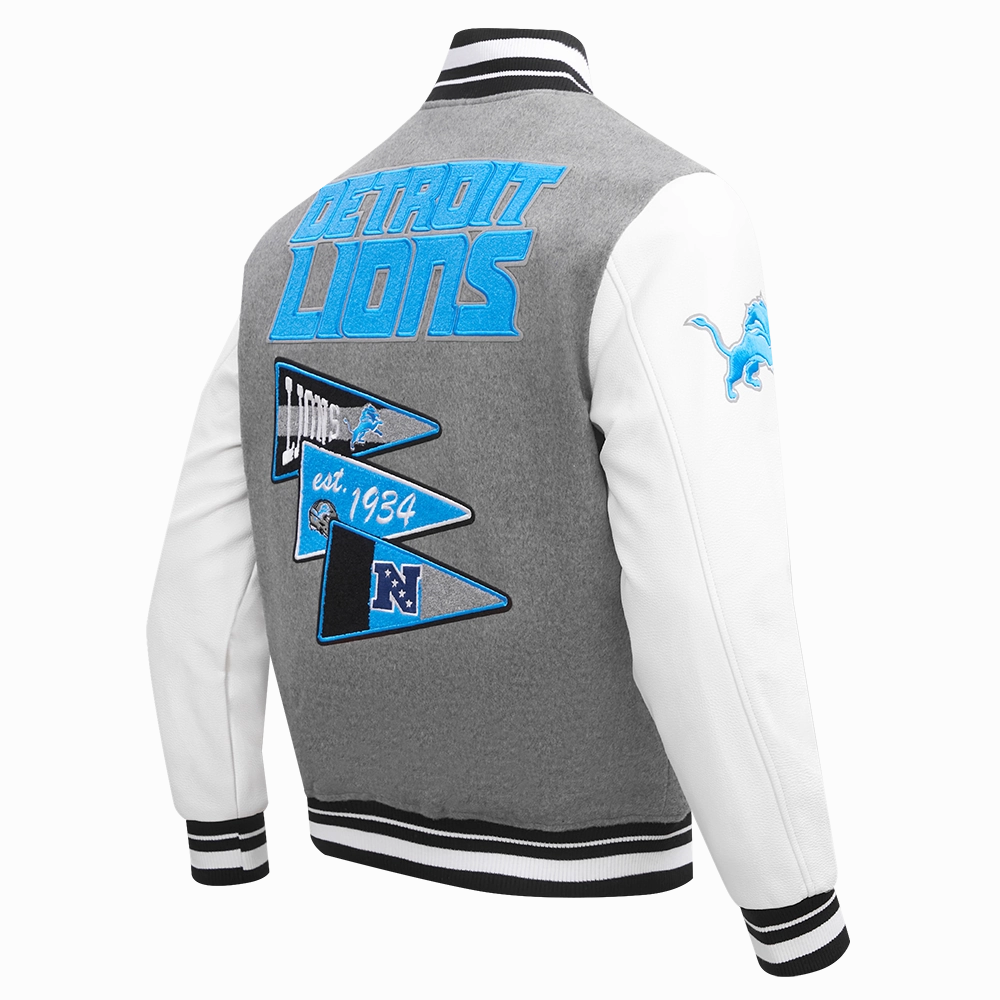 NFL DETROIT LIONS TEAM PENNANTS MEN'S RIB WOOL VARSITY JACKET (HEATHER GREY/WHITE/BLACK)