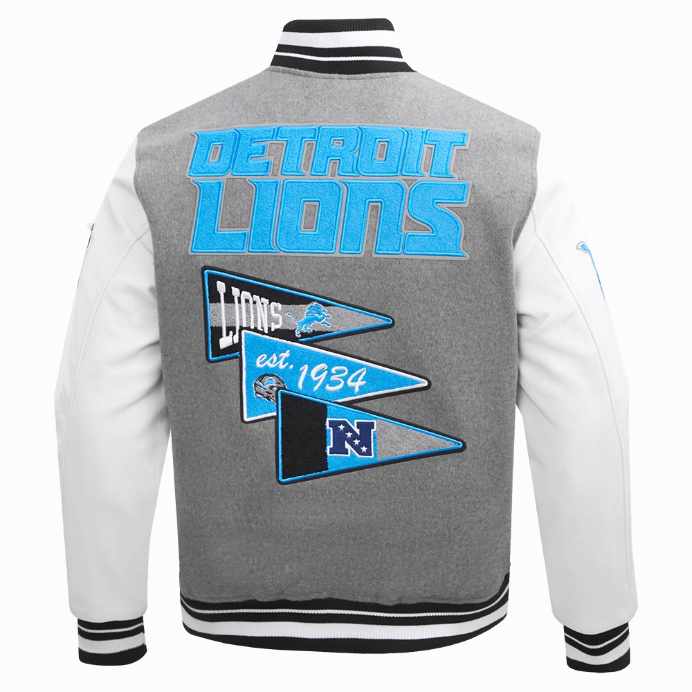 NFL DETROIT LIONS TEAM PENNANTS MEN'S RIB WOOL VARSITY JACKET (HEATHER GREY/WHITE/BLACK)