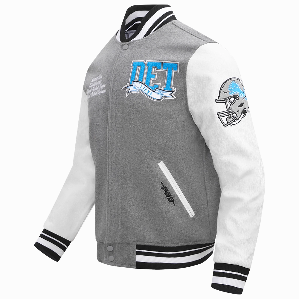 NFL DETROIT LIONS TEAM PENNANTS MEN'S RIB WOOL VARSITY JACKET (HEATHER GREY/WHITE/BLACK)