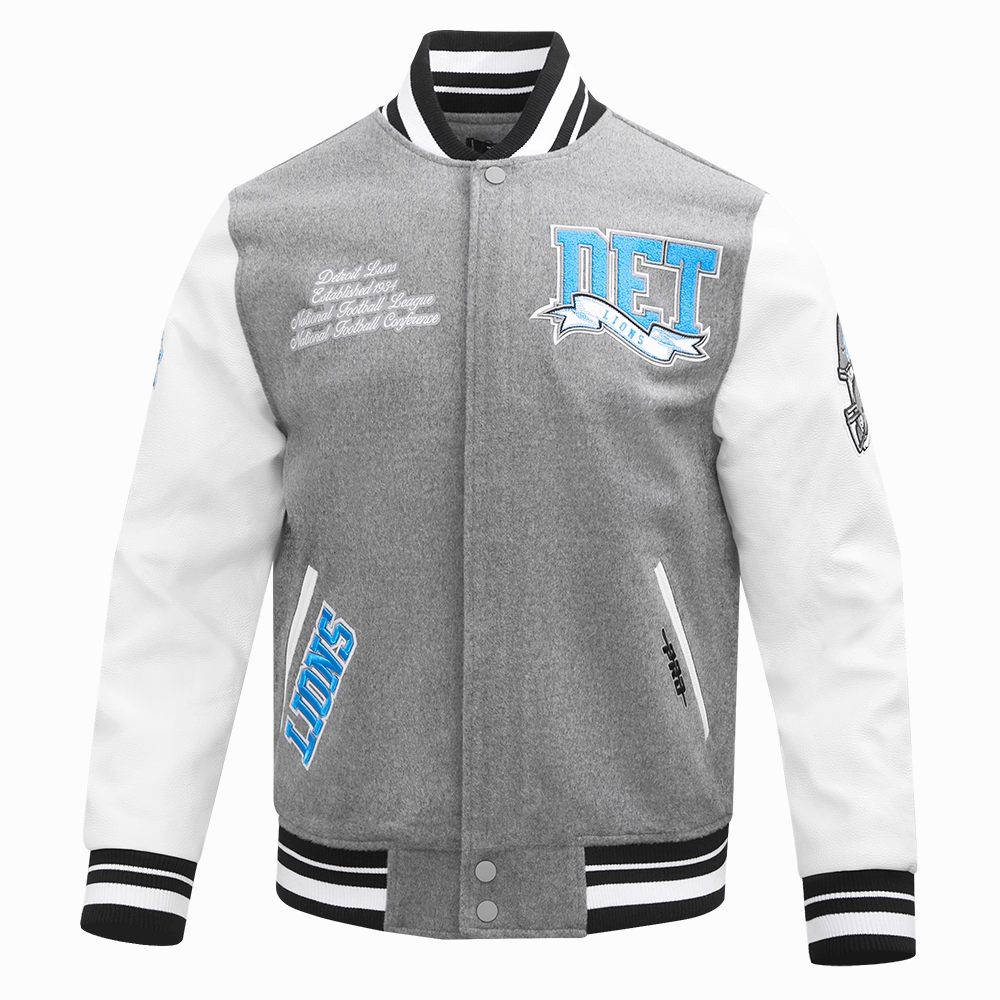 NFL DETROIT LIONS TEAM PENNANTS MEN'S RIB WOOL VARSITY JACKET (HEATHER GREY/WHITE/BLACK)