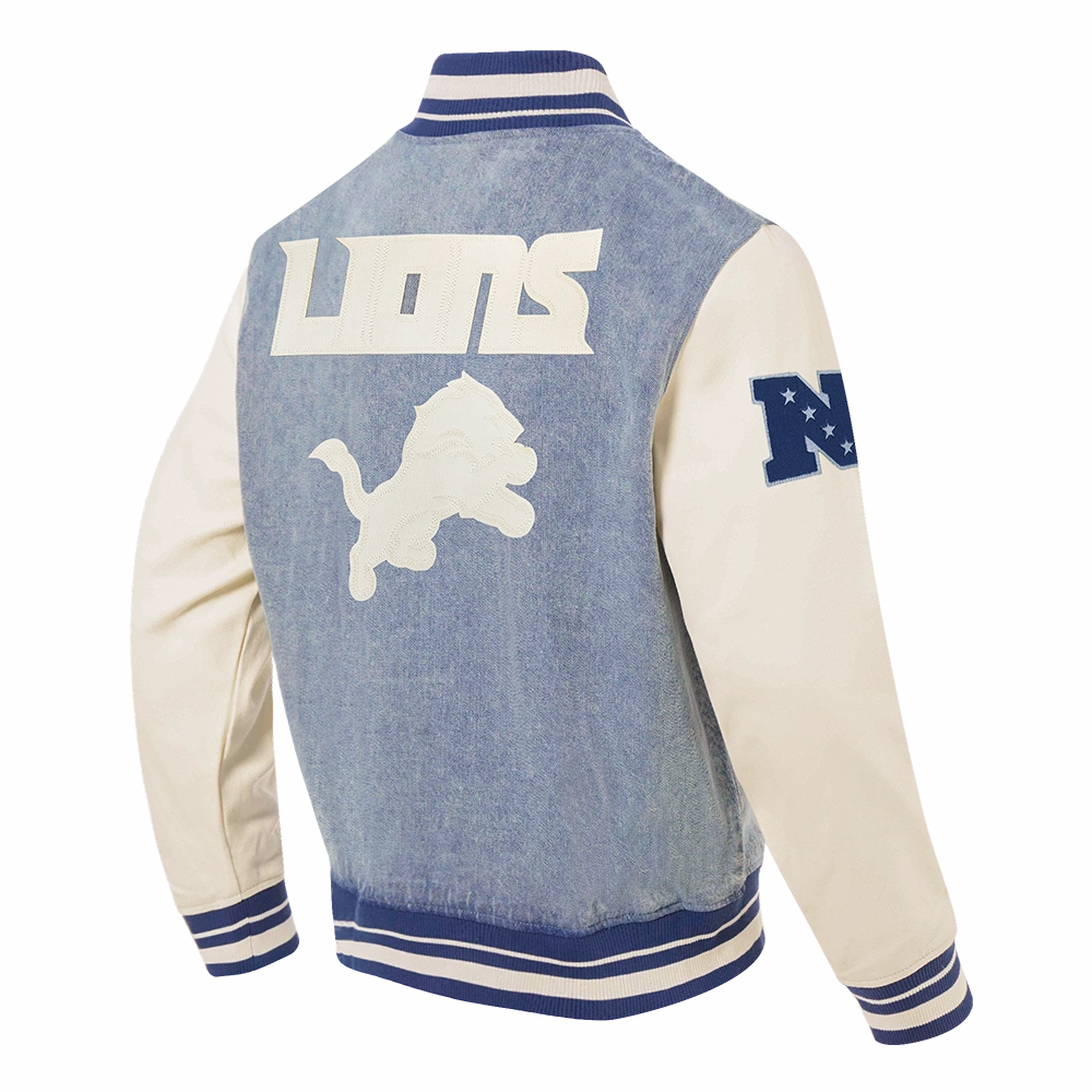 NFL DETROIT LIONS VARSITY BLUES MEN'S DENIM VARSITY JACKET (DENIM/LINEN)