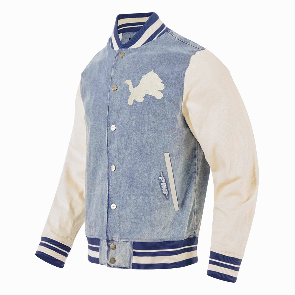 NFL DETROIT LIONS VARSITY BLUES MEN'S DENIM VARSITY JACKET (DENIM/LINEN)