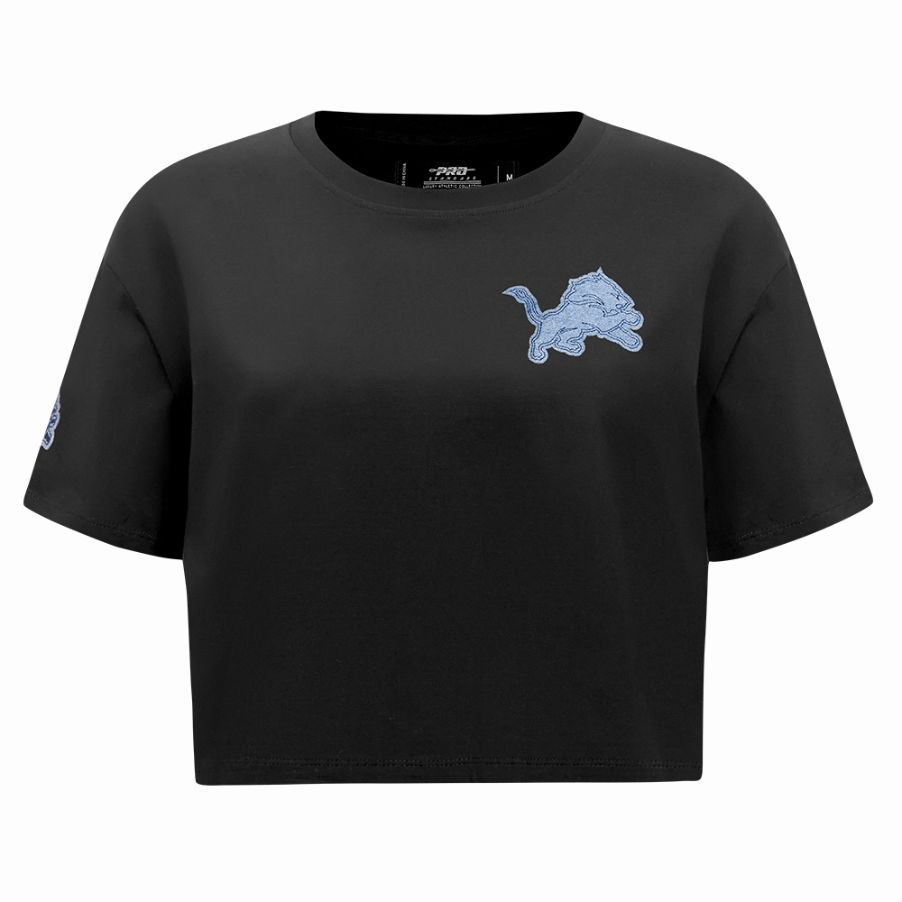 NFL DETROIT LIONS VARSITY BLUES WOMEN'S BOXY TEE (BLACK)