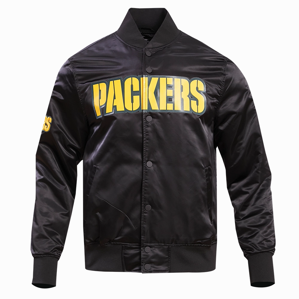 NFL GREEN BAY PACKERS BIG LOGO MEN'S SATIN JACKET (BLACK)