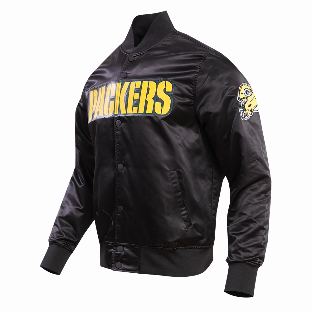 NFL GREEN BAY PACKERS BIG LOGO MEN'S SATIN JACKET (BLACK)