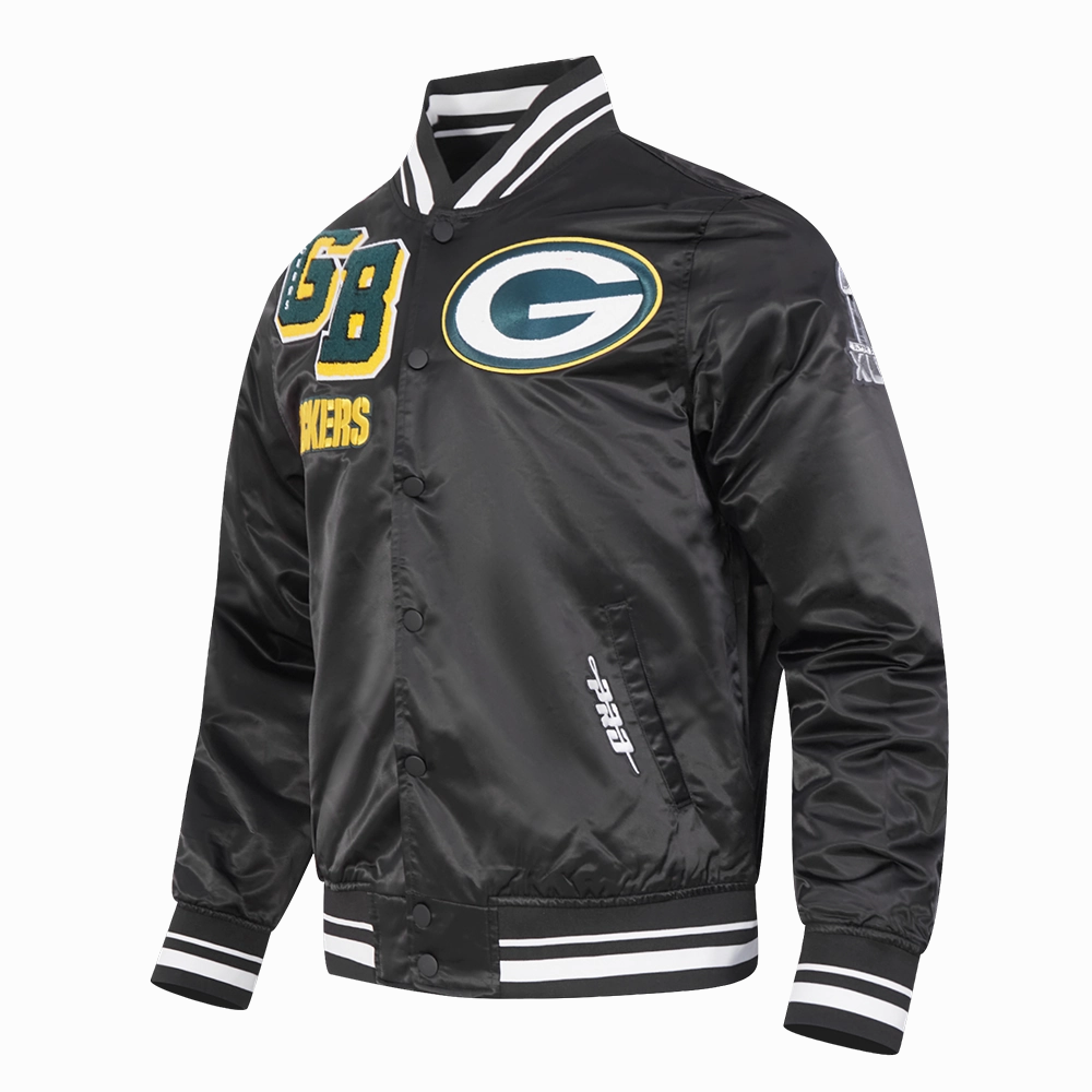 NFL GREEN BAY PACKERS MASHUP MEN'S RIB SATIN JACKET (BLACK)
