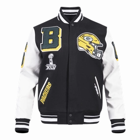 NFL GREEN BAY PACKERS MASHUP MEN'S RIB WOOL VARSITY JACKET (BLACK/WHITE)