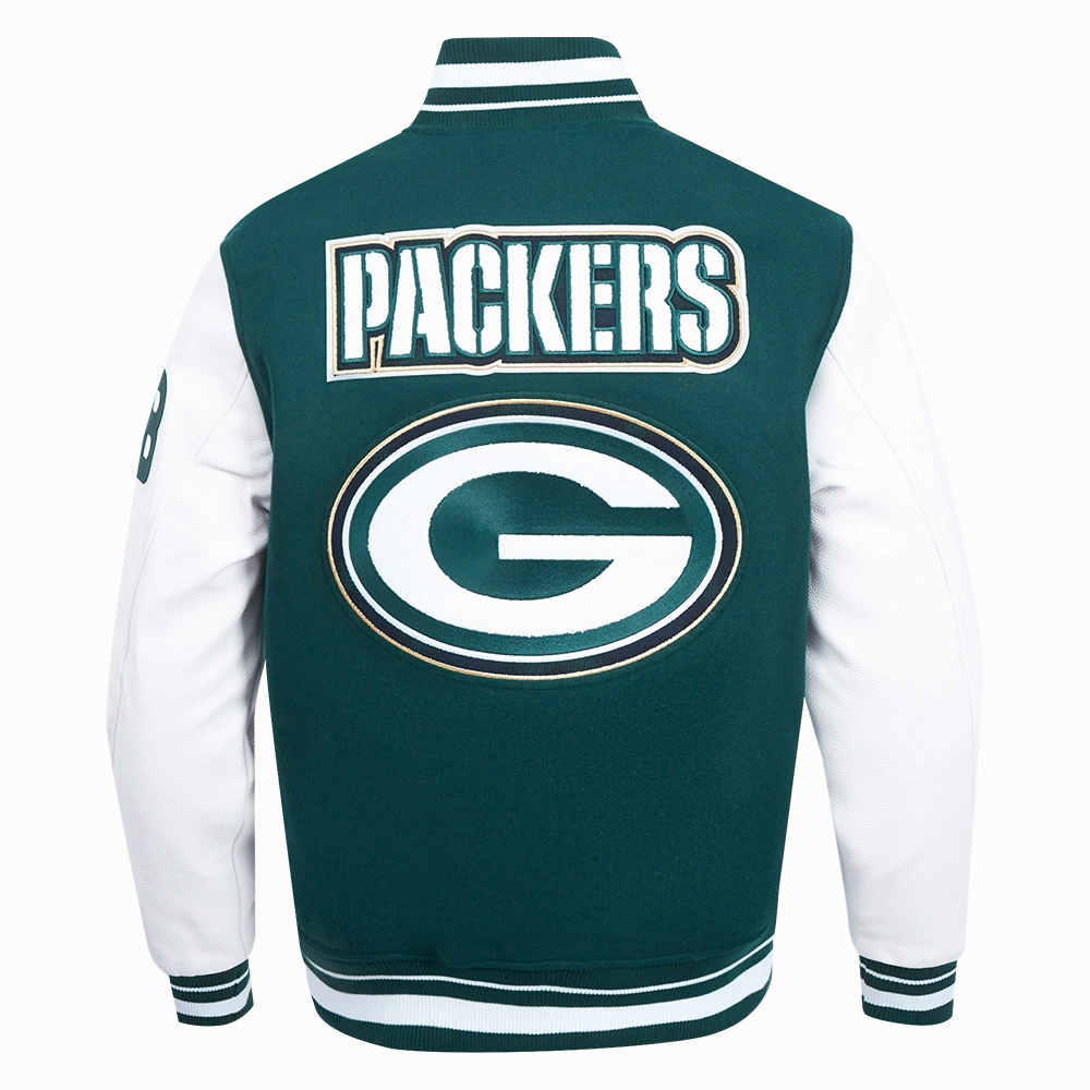NFL GREEN BAY PACKERS PRO PREP MEN'S WOOL VARSITY JACKET (FOREST GREEN/WHITE)