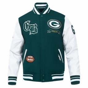 NFL GREEN BAY PACKERS PRO PREP MEN'S WOOL VARSITY JACKET (FOREST GREEN/WHITE)