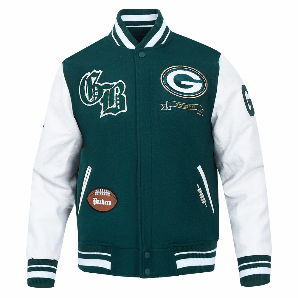 NFL GREEN BAY PACKERS PRO PREP MEN'S WOOL VARSITY JACKET (FOREST GREEN/WHITE)