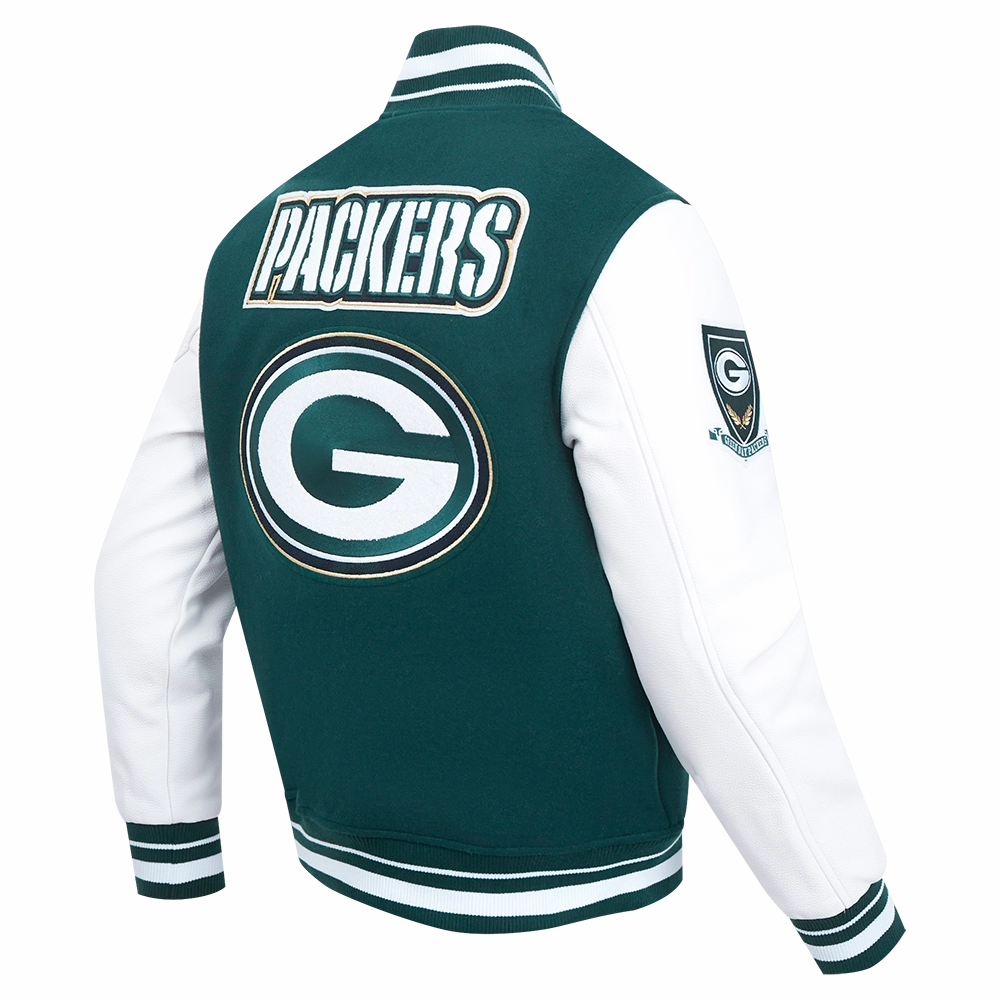 NFL GREEN BAY PACKERS PRO PREP MEN'S WOOL VARSITY JACKET (FOREST GREEN/WHITE)
