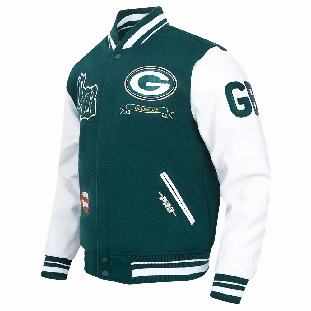 NFL GREEN BAY PACKERS PRO PREP MEN'S WOOL VARSITY JACKET (FOREST GREEN/WHITE)