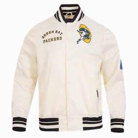 NFL GREEN BAY PACKERS RETRO CLASSIC MEN'S RIB SATIN JACKET (EGGSHELL/ BLACK)