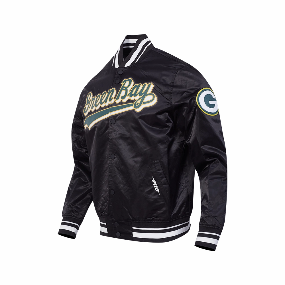 NFL GREEN BAY PACKERS SCRIPT TAIL MEN'S SATIN JACKET (BLACK)