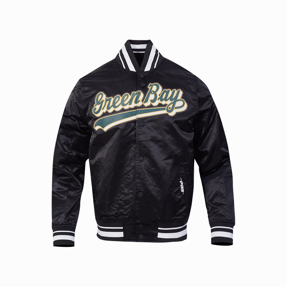 NFL GREEN BAY PACKERS SCRIPT TAIL MEN'S SATIN JACKET (BLACK)