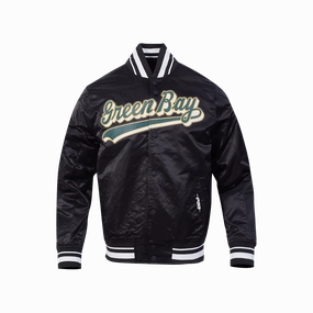 NFL GREEN BAY PACKERS SCRIPT TAIL MEN'S SATIN JACKET (BLACK)