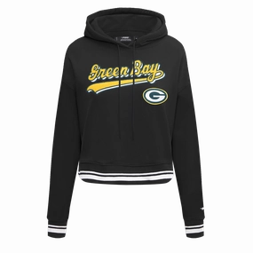 NFL GREEN BAY PACKERS SCRIPT TAIL WOMEN'S RIB FLC CROPPED PO HOODIE (BLACK)