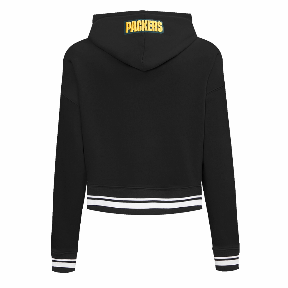 NFL GREEN BAY PACKERS SCRIPT TAIL WOMEN'S RIB FLC CROPPED PO HOODIE (BLACK)