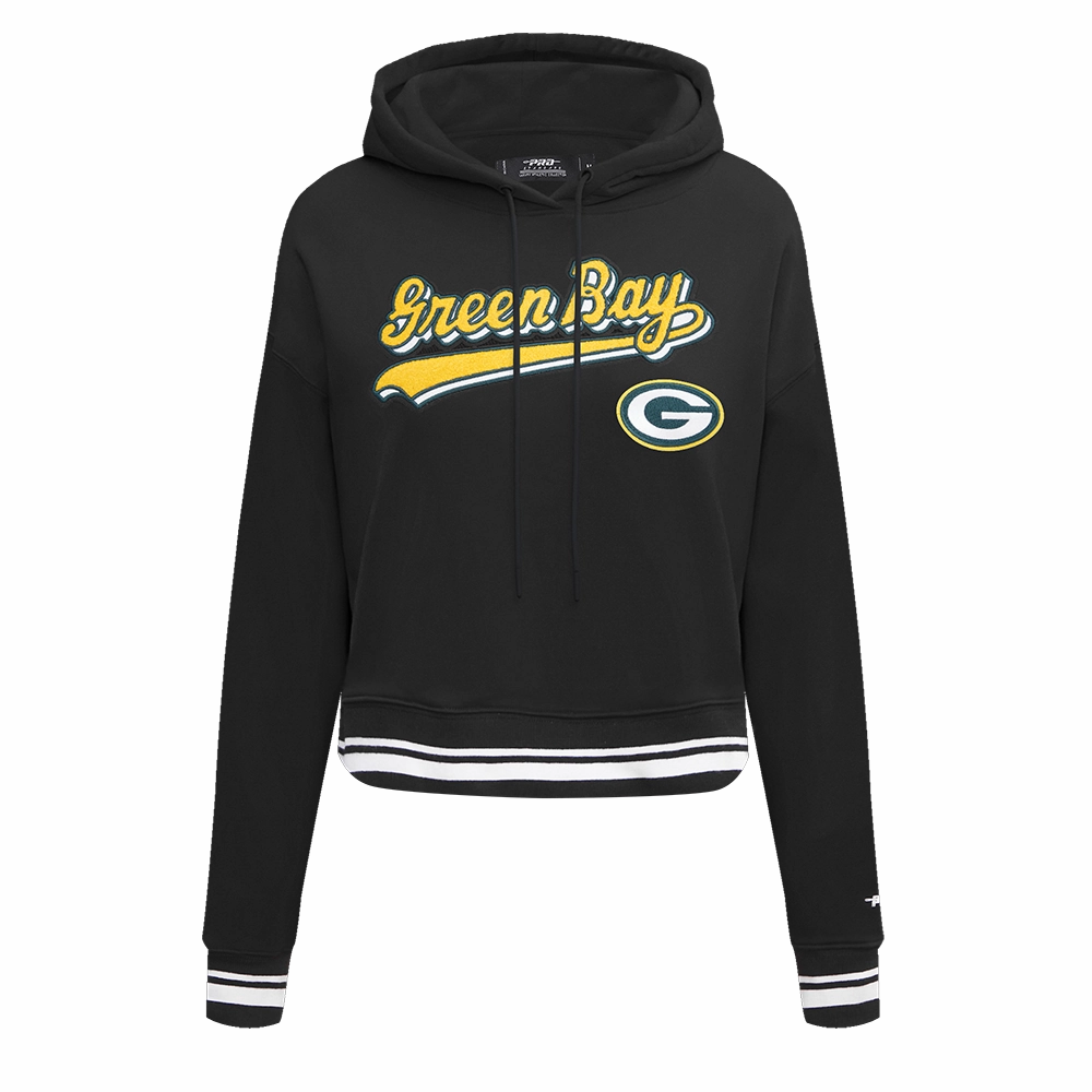 NFL GREEN BAY PACKERS SCRIPT TAIL WOMEN'S RIB FLC CROPPED PO HOODIE (BLACK)