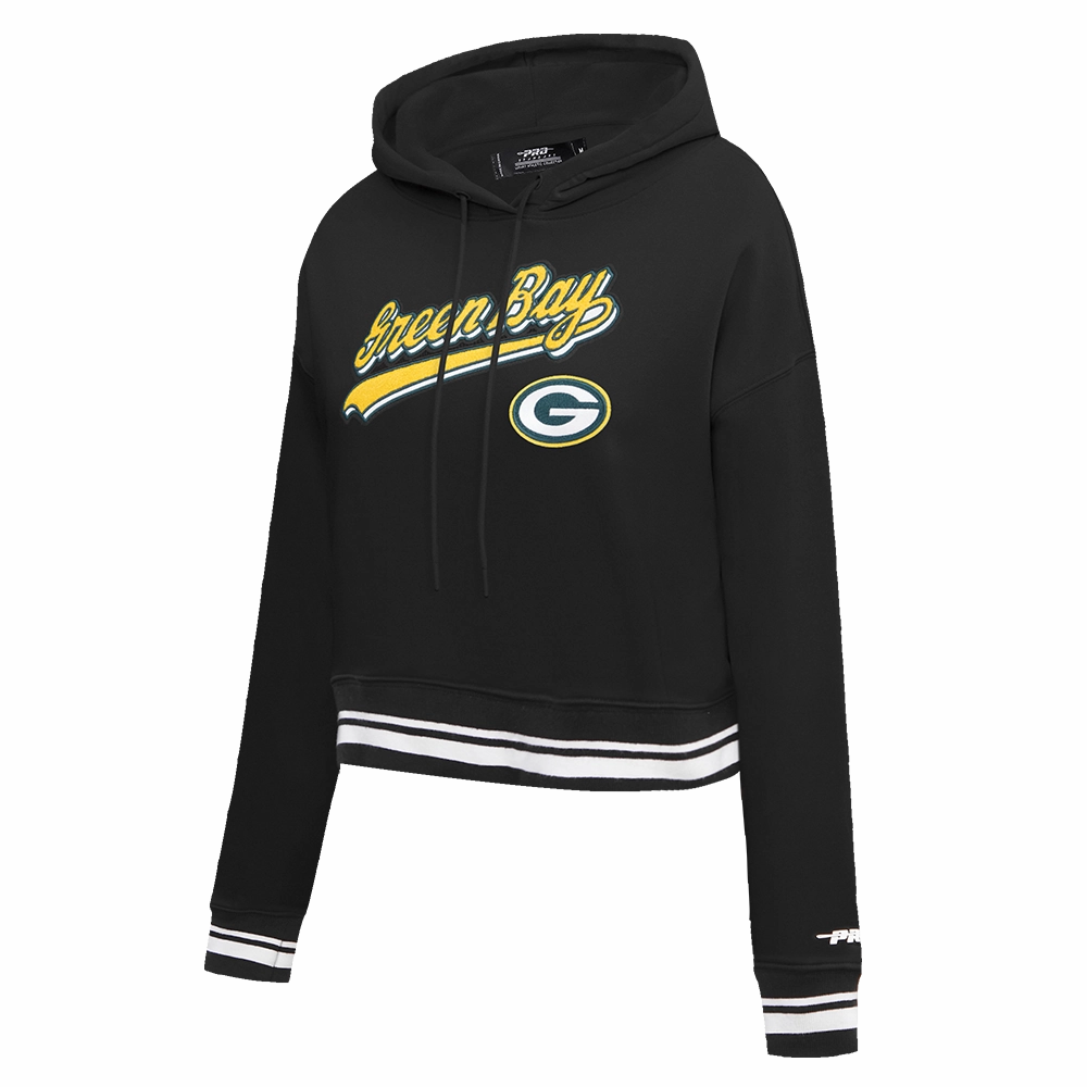 NFL GREEN BAY PACKERS SCRIPT TAIL WOMEN'S RIB FLC CROPPED PO HOODIE (BLACK)