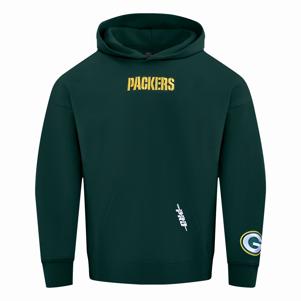 NFL GREEN BAY PACKERS WINGSPAN MEN'S DROP SHOULDER FLEECE PULLOVER HOODIE (FOREST GREEN)