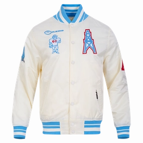 NFL HOUSTON OILERS RETRO CLASSIC MEN'S RIB SATIN JACKET (EGGSHELL/ UNIVERSITY BLUE)