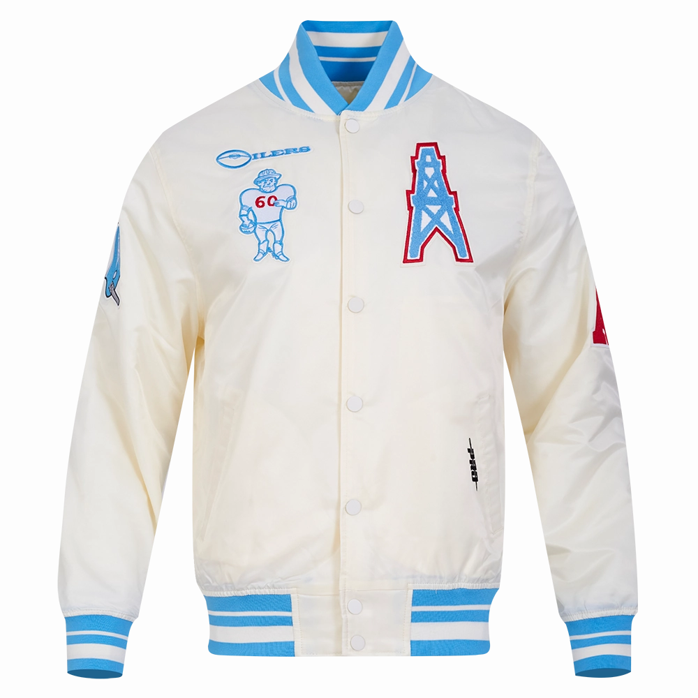 NFL HOUSTON OILERS RETRO CLASSIC MEN'S RIB SATIN JACKET (EGGSHELL/ UNIVERSITY BLUE)