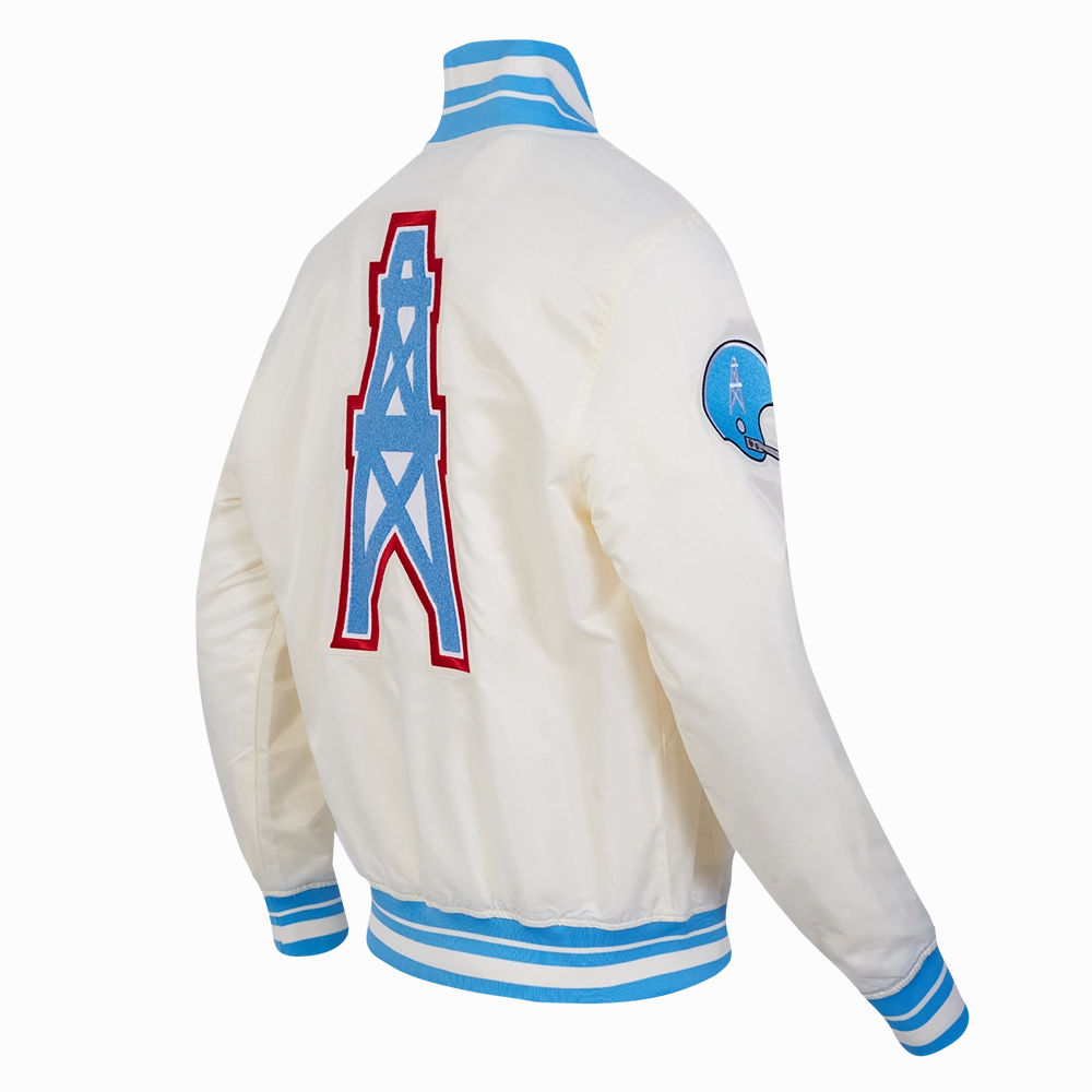 NFL HOUSTON OILERS RETRO CLASSIC MEN'S RIB SATIN JACKET (EGGSHELL/ UNIVERSITY BLUE)