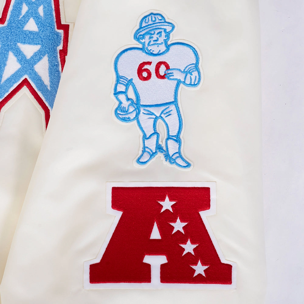 NFL HOUSTON OILERS RETRO CLASSIC MEN'S RIB SATIN JACKET (EGGSHELL/ UNIVERSITY BLUE)