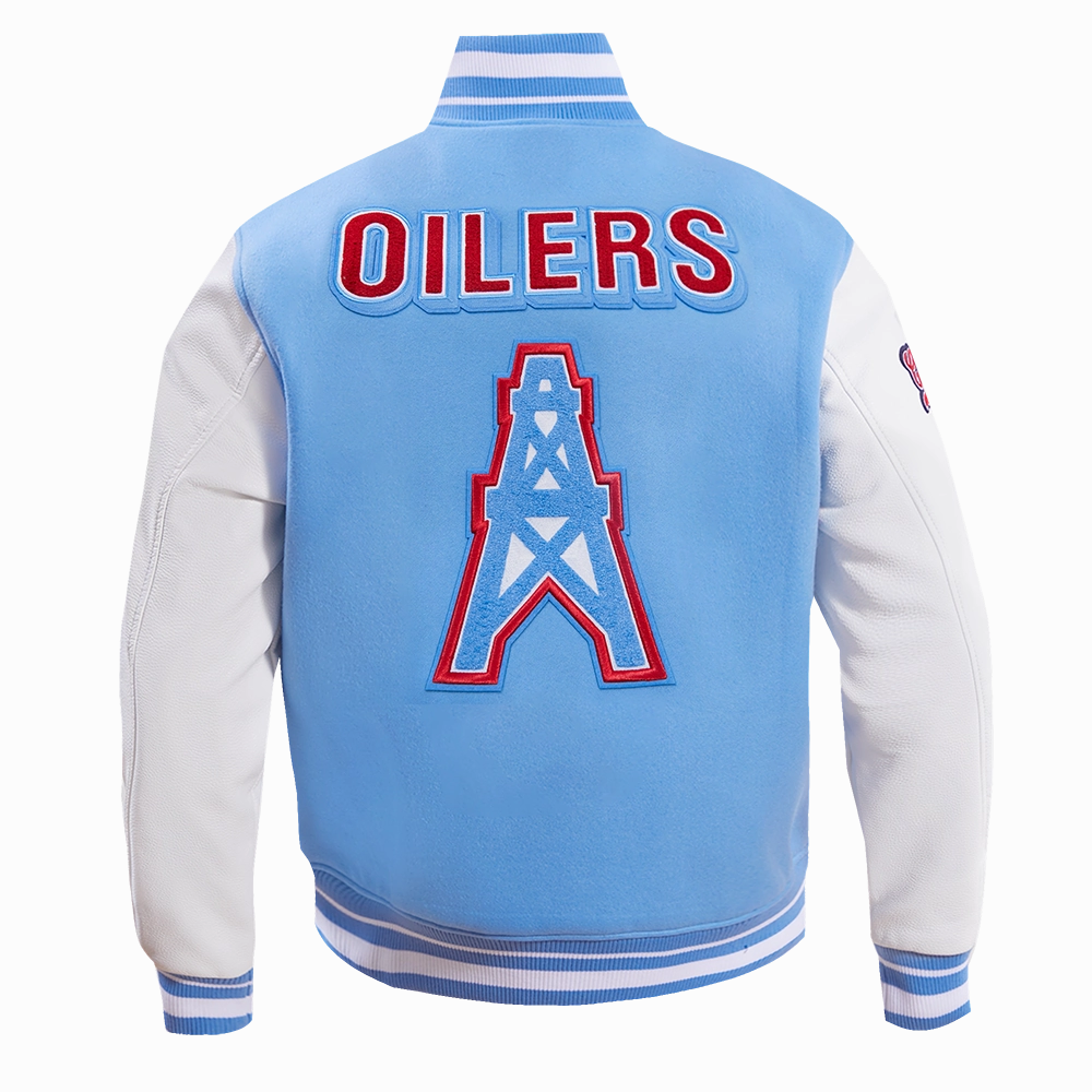 NFL HOUSTON OILERS RETRO CLASSIC MEN'S RIB WOOL VARSITY JACKET (UNIVERSITY BLUE/WHITE)