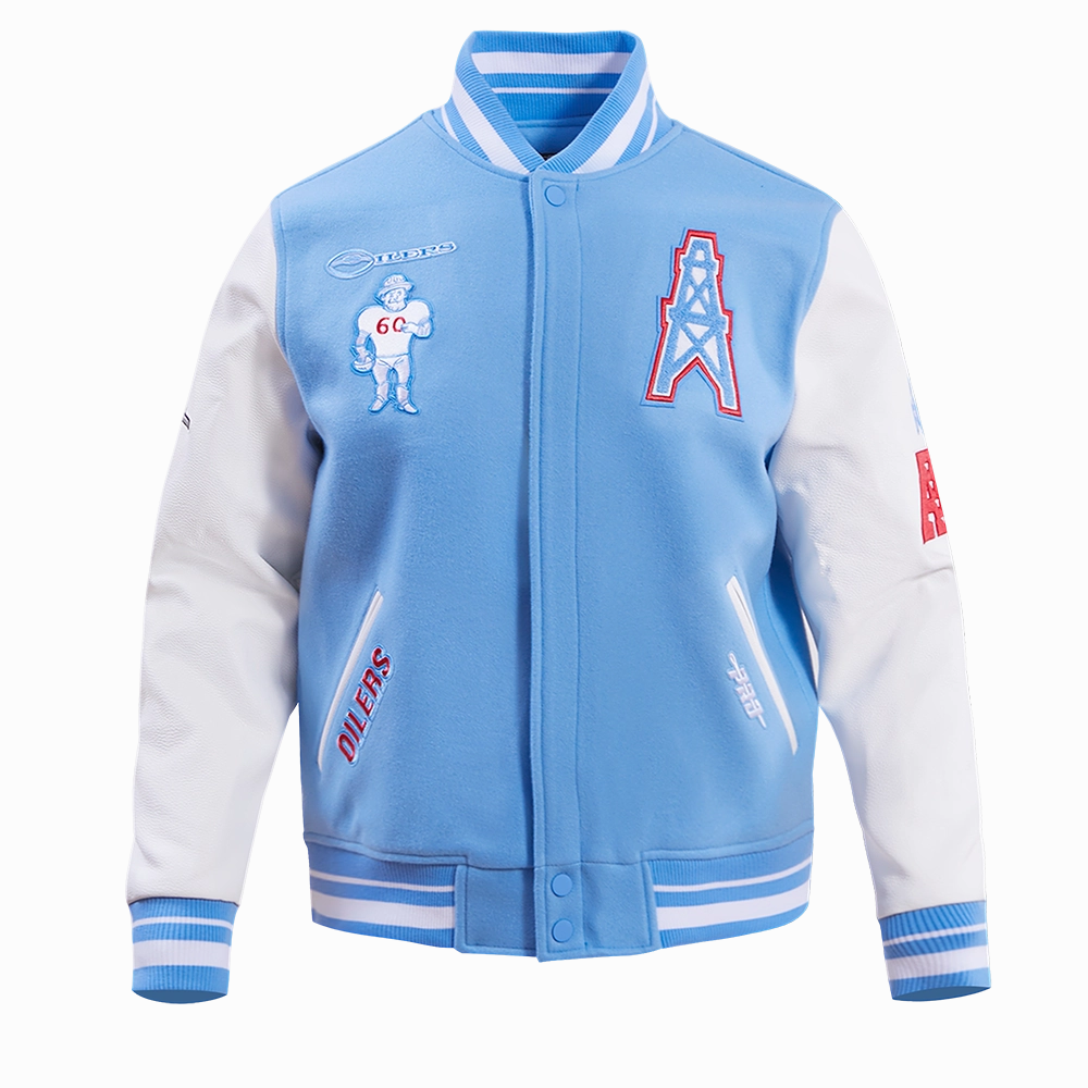 NFL HOUSTON OILERS RETRO CLASSIC MEN'S RIB WOOL VARSITY JACKET (UNIVERSITY BLUE/WHITE)