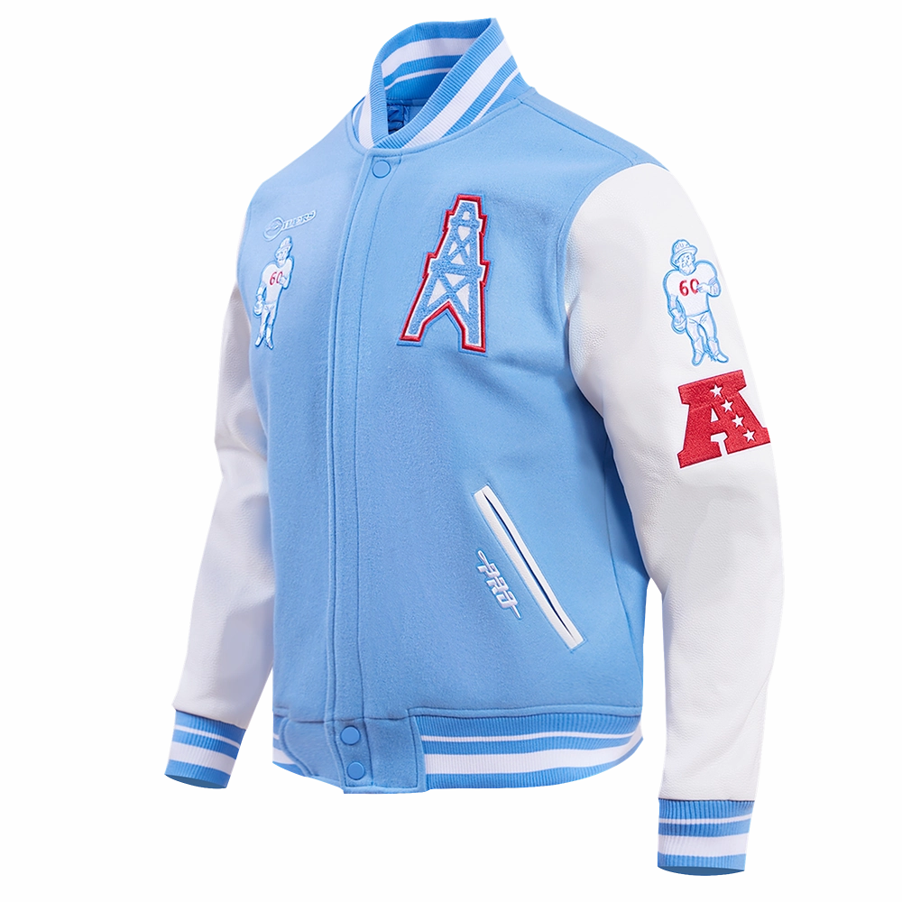 NFL HOUSTON OILERS RETRO CLASSIC MEN'S RIB WOOL VARSITY JACKET (UNIVERSITY BLUE/WHITE)