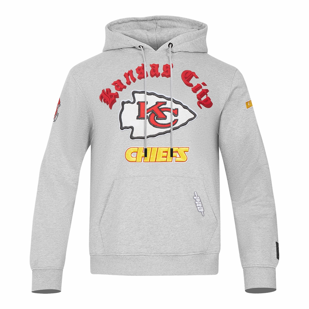 NFL KANSAS CITY CHIEFS OLD ENGLISH MEN'S PULLOVER HOODIE (HEATHER GREY)