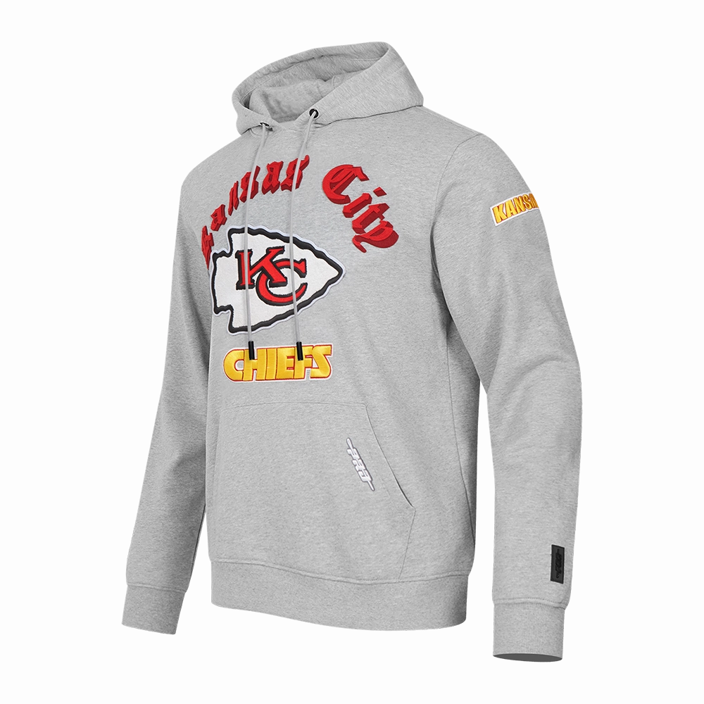 NFL KANSAS CITY CHIEFS OLD ENGLISH MEN'S PULLOVER HOODIE (HEATHER GREY)