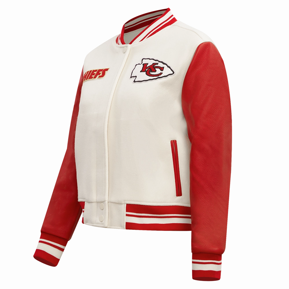 NFL KANSAS CITY CHIEFS RETRO CLASSIC WOMEN'S RIB WOOL VARSITY JACKET (EGGSHELL/ RED)