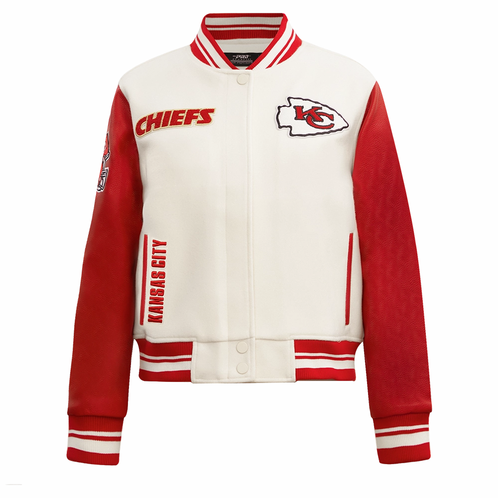 NFL KANSAS CITY CHIEFS RETRO CLASSIC WOMEN'S RIB WOOL VARSITY JACKET (EGGSHELL/ RED)