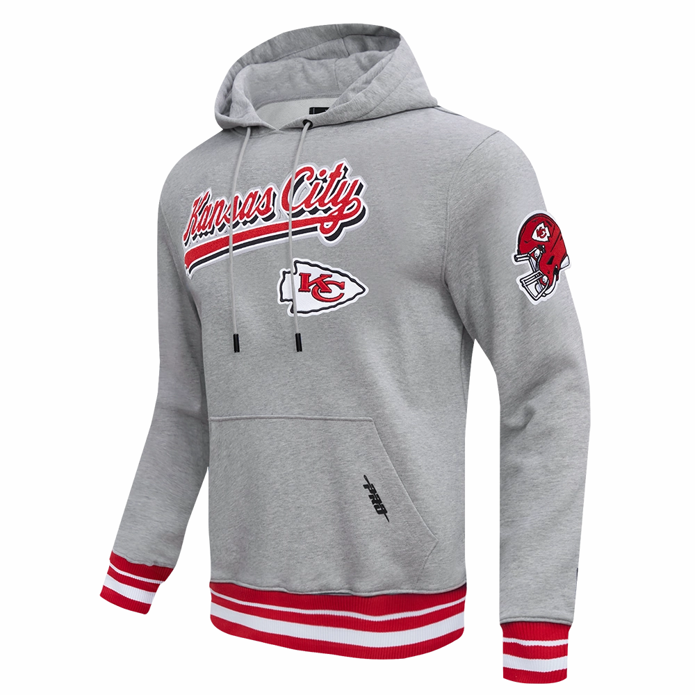NFL KANSAS CITY CHIEFS SCRIPT TAIL MEN'S RIB FLEECE PULLOVER HOODIE (HEATHER GRAY/RED)