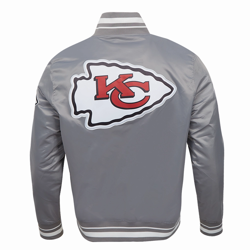 NFL KANSAS CITY CHIEFS SCRIPT TAIL MEN'S SATIN JACKET (GRAY)