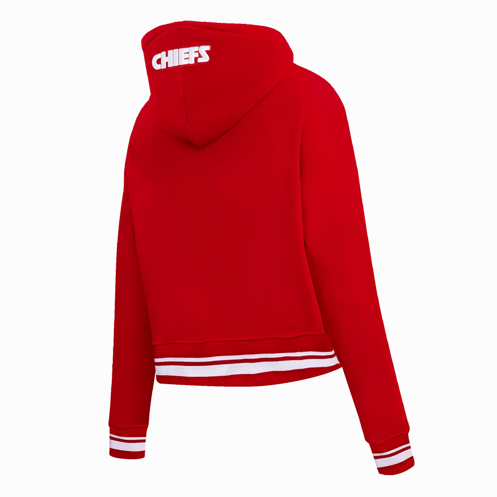 NFL KANSAS CITY CHIEFS SCRIPT TAIL WOMEN'S RIB FLEECE CROPPED PULLOVER HOODIE (RED)