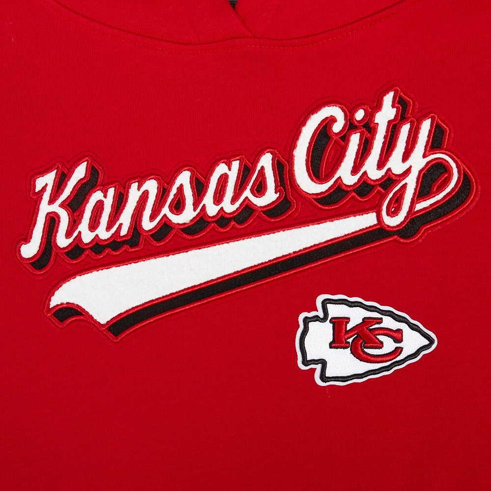 NFL KANSAS CITY CHIEFS SCRIPT TAIL WOMEN'S RIB FLEECE CROPPED PULLOVER HOODIE (RED)