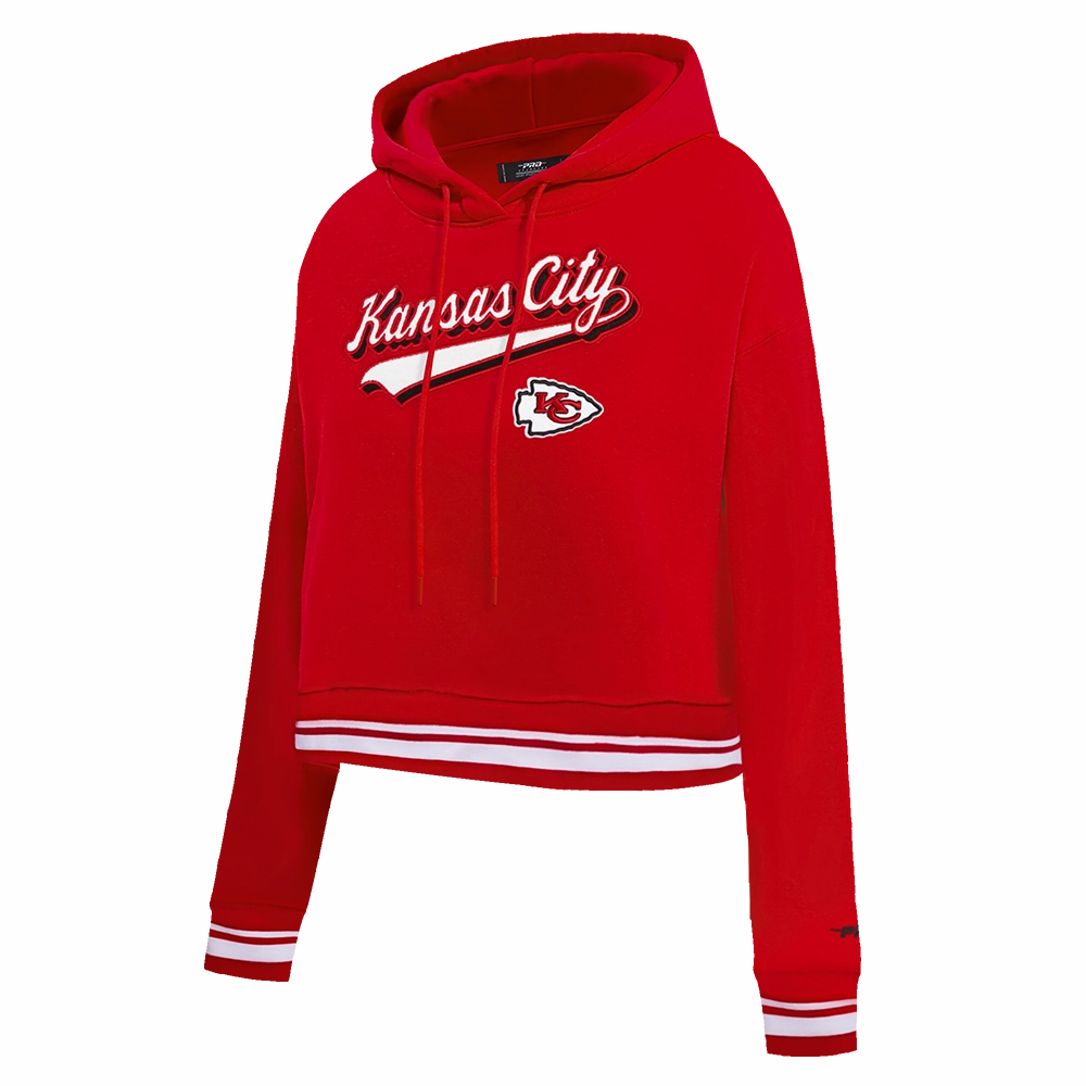 NFL KANSAS CITY CHIEFS SCRIPT TAIL WOMEN'S RIB FLEECE CROPPED PULLOVER HOODIE (RED)