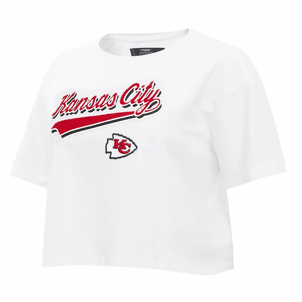 NFL KANSAS CITY CHIEFS SCRIPT TAIL WOMEN'S SINGLE JERSEY BOXY TEE (WHITE)