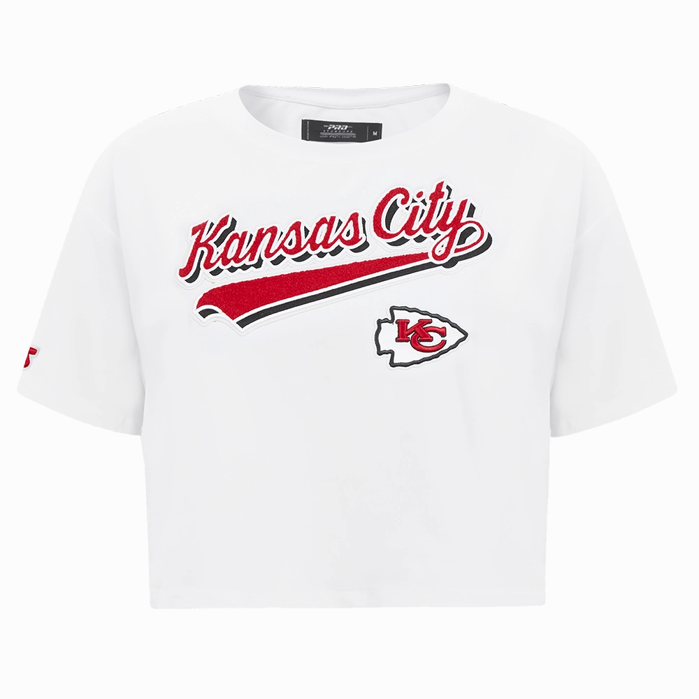 NFL KANSAS CITY CHIEFS SCRIPT TAIL WOMEN'S SINGLE JERSEY BOXY TEE (WHITE)