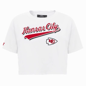 NFL KANSAS CITY CHIEFS SCRIPT TAIL WOMEN'S SINGLE JERSEY BOXY TEE (WHITE)