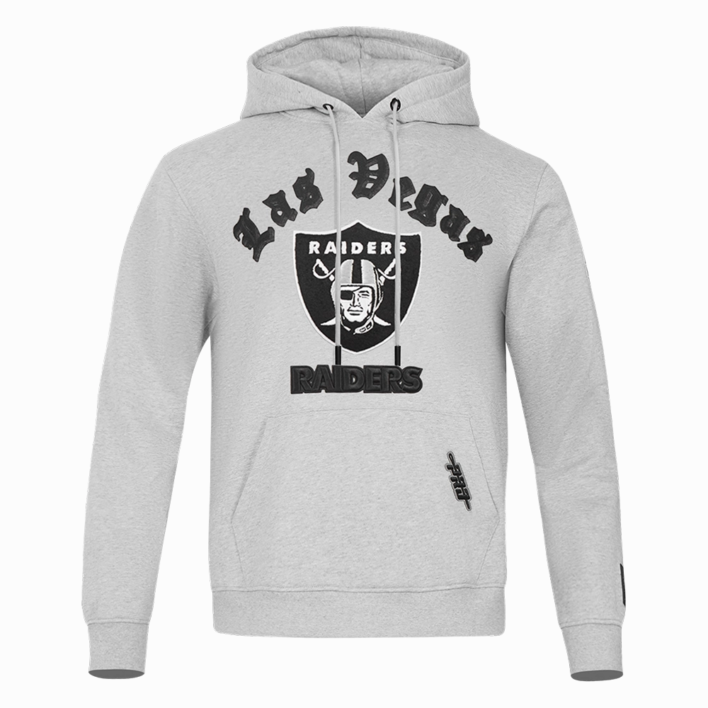NFL LAS VEGAS RAIDERS OLD ENGLISH MEN'S PULLOVER HOODIE (HEATHER GREY)