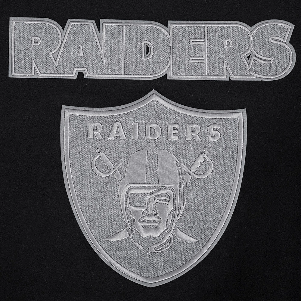 NFL LAS VEGAS RAIDERS REVERSE FRENCH TERRY MEN'S COLOR BLOCK WOOL VARSITY JACKET (BLACK/GRAY/EGGSHELL)