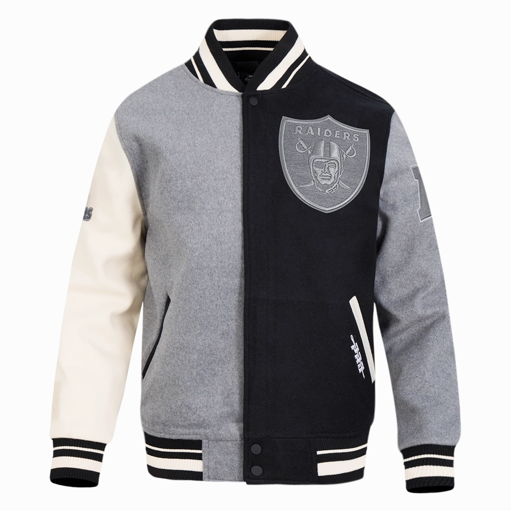 NFL LAS VEGAS RAIDERS REVERSE FRENCH TERRY MEN'S COLOR BLOCK WOOL VARSITY JACKET (BLACK/GRAY/EGGSHELL)