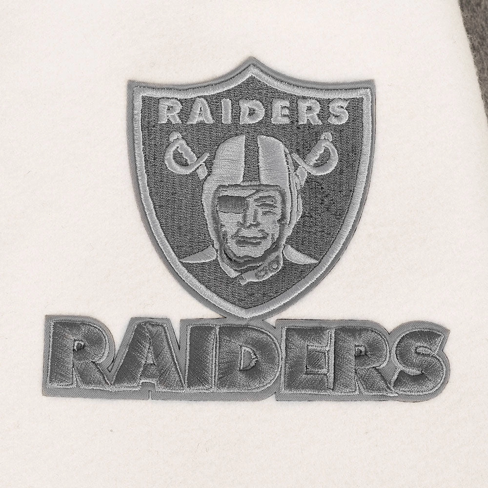 NFL LAS VEGAS RAIDERS REVERSE FRENCH TERRY MEN'S COLOR BLOCK WOOL VARSITY JACKET (BLACK/GRAY/EGGSHELL)