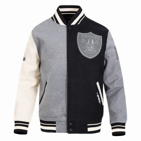 NFL LAS VEGAS RAIDERS REVERSE FRENCH TERRY MEN'S COLOR BLOCK WOOL VARSITY JACKET (BLACK/GRAY/EGGSHELL)